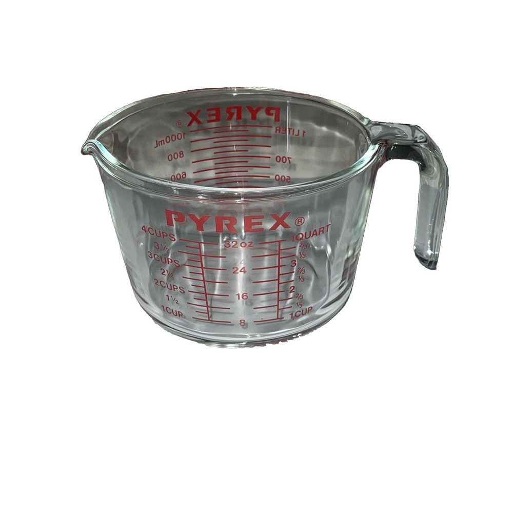 Vintage PYREX 532 Glass Measuring 4 Cup 1 Quart Red Lettering Open Handle USA